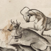 Early-Mid 19th C. Watercolor - Man Tackled By Cow and Horse!