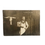 Beautiful Antique Photo of Young Butcher with Axe, Knives, and Steer Head