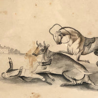 Early-Mid 19th C. Watercolor - Man Tackled By Cow and Horse!
