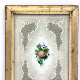 C. 1840s Paper Lace Valentine with Watercolored Flowers in Period Lemon Gold Frame