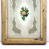C. 1840s Paper Lace Valentine with Watercolored Flowers in Period Lemon Gold Frame