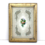 C. 1840s Paper Lace Valentine with Watercolored Flowers in Period Lemon Gold Frame