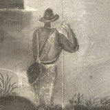 Sailboats, Mountains, Two Figures On Shore, Large Unframed Early Sandpaper Drawing