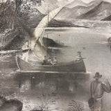 Sailboats, Mountains, Two Figures On Shore, Large Unframed Early Sandpaper Drawing
