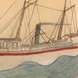 Antique American Folk Watercolor of Ship as if Viewed Through Scope, in Period Frame