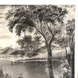 Sailboats, Mountains, Two Figures On Shore, Large Unframed Early Sandpaper Drawing