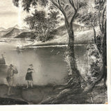 Sailboats, Mountains, Two Figures On Shore, Large Unframed Early Sandpaper Drawing
