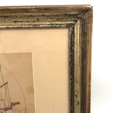 Antique American Folk Watercolor of Ship as if Viewed Through Scope, in Period Frame