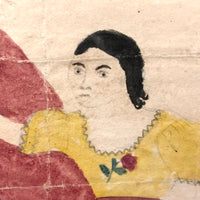 Mother and Daughter, Marvelous Early 19th Century Folk Art Watercolor in Lemon Gold Frame