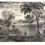 Sailboats, Mountains, Two Figures On Shore, Large Unframed Early Sandpaper Drawing