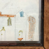 Charming Graphite and Watercolor House Portrait, Burdett NY, 1860s, with Another on Reverse