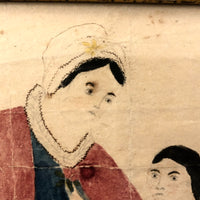 Mother and Daughter, Marvelous Early 19th Century Folk Art Watercolor in Lemon Gold Frame