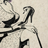 Ankle Bracelet, Ankle Strap, Wonderfully Absurdist Bill Anthony Drawing of Woman in Heels Holding Shoe