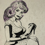 Ankle Bracelet, Ankle Strap, Wonderfully Absurdist Bill Anthony Drawing of Woman in Heels Holding Shoe