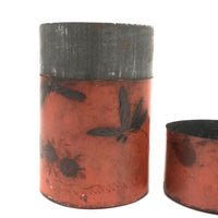 Antique Japanese Hand-painted Enameled Tin Chazutsu (Tea Canister) with Silver Dragonflies