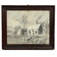 Woman Watering Her Garden Beds, Wonderful 19th Century Folk Art Sandpaper Drawing in Period Frame