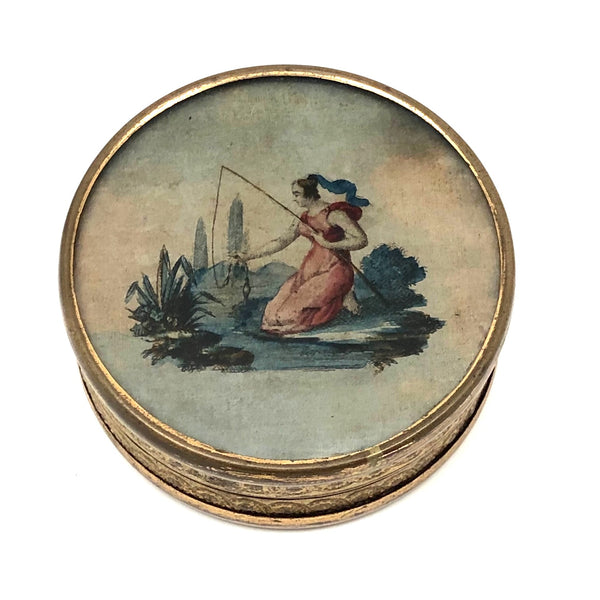 Woman Fishing, Clever and Pretty 19th C. Patch or Powder Box I/O