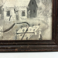 Woman Watering Her Garden Beds, Wonderful 19th Century Folk Art Sandpaper Drawing in Period Frame