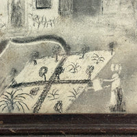 Woman Watering Her Garden Beds, Wonderful 19th Century Folk Art Sandpaper Drawing in Period Frame