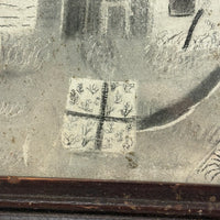 Woman Watering Her Garden Beds, Wonderful 19th Century Folk Art Sandpaper Drawing in Period Frame