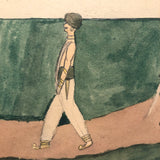 Regal Men in Turbans Walking, Naive c. 1930s Watercolor Signed (Captioned?) John Locke