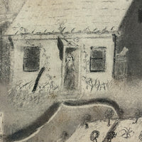 Woman Watering Her Garden Beds, Wonderful 19th Century Folk Art Sandpaper Drawing in Period Frame