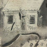 Woman Watering Her Garden Beds, Wonderful 19th Century Folk Art Sandpaper Drawing in Period Frame