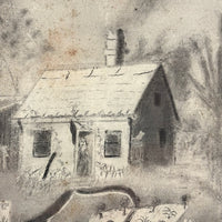 Woman Watering Her Garden Beds, Wonderful 19th Century Folk Art Sandpaper Drawing in Period Frame