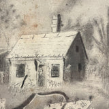 Woman Watering Her Garden Beds, Wonderful 19th Century Folk Art Sandpaper Drawing in Period Frame