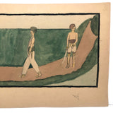 Regal Men in Turbans Walking, Naive c. 1930s Watercolor Signed (Captioned?) John Locke
