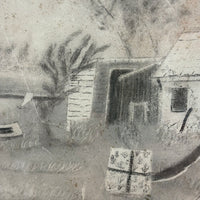 Woman Watering Her Garden Beds, Wonderful 19th Century Folk Art Sandpaper Drawing in Period Frame