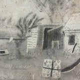 Woman Watering Her Garden Beds, Wonderful 19th Century Folk Art Sandpaper Drawing in Period Frame