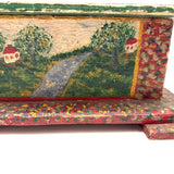 Exuberantly Painted Old PA Folk Art Box with Houses and Flowers