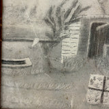Woman Watering Her Garden Beds, Wonderful 19th Century Folk Art Sandpaper Drawing in Period Frame