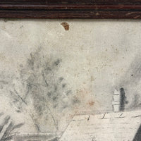 Woman Watering Her Garden Beds, Wonderful 19th Century Folk Art Sandpaper Drawing in Period Frame