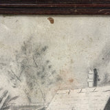 Woman Watering Her Garden Beds, Wonderful 19th Century Folk Art Sandpaper Drawing in Period Frame