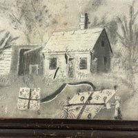 Woman Watering Her Garden Beds, Wonderful 19th Century Folk Art Sandpaper Drawing in Period Frame