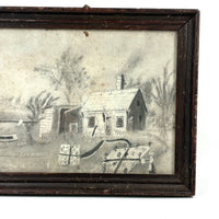 Woman Watering Her Garden Beds, Wonderful 19th Century Folk Art Sandpaper Drawing in Period Frame