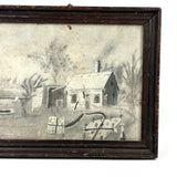 Woman Watering Her Garden Beds, Wonderful 19th Century Folk Art Sandpaper Drawing in Period Frame