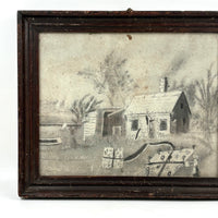 Woman Watering Her Garden Beds, Wonderful 19th Century Folk Art Sandpaper Drawing in Period Frame