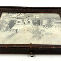 Woman Watering Her Garden Beds, Wonderful 19th Century Folk Art Sandpaper Drawing in Period Frame