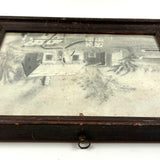 Woman Watering Her Garden Beds, Wonderful 19th Century Folk Art Sandpaper Drawing in Period Frame
