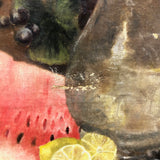 Antique Salvaged Oil on Canvas Still Life of Fruit and Pitcher