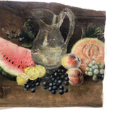 Antique Salvaged Oil on Canvas Still Life of Fruit and Pitcher
