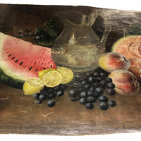 Antique Salvaged Oil on Canvas Still Life of Fruit and Pitcher