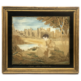Mary Ann Earle, Ludlow Castle, Marvelous Large Georgian Needlework on Silk in Original Reverse Glass Painted Frame
