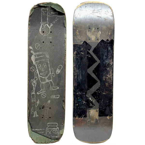 Battered Vintage Sandpaper Surface Wooden Skate Deck with Druggie Cartoons