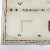 SOLD A.E. Farnsworth's 1878 Linen Mending and Darning Schoolwork Sampler in Red