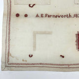 SOLD A.E. Farnsworth's 1878 Linen Mending and Darning Schoolwork Sampler in Red