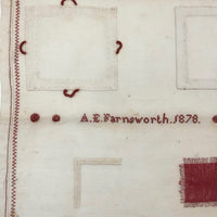 SOLD A.E. Farnsworth's 1878 Linen Mending and Darning Schoolwork Sampler in Red